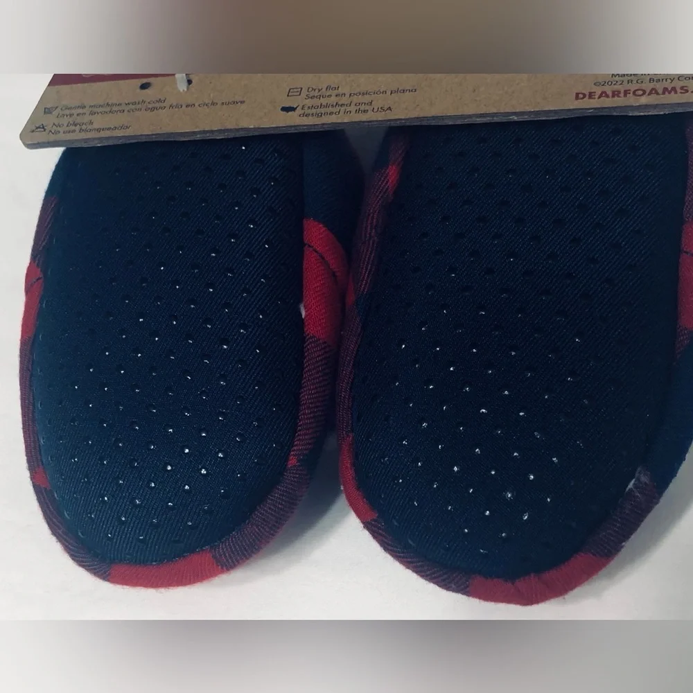 Baby Bear baby’s slipper extra cozy cushioned back closed plaid navy blue.5/6